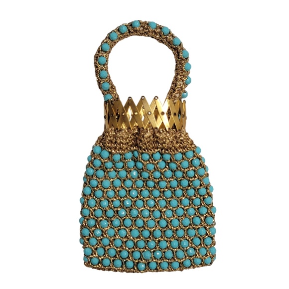 Vintage Marcus Brothers Italy Beaded Purse Blue Gold Handbag Gate Opening VTG - Picture 1 of 9